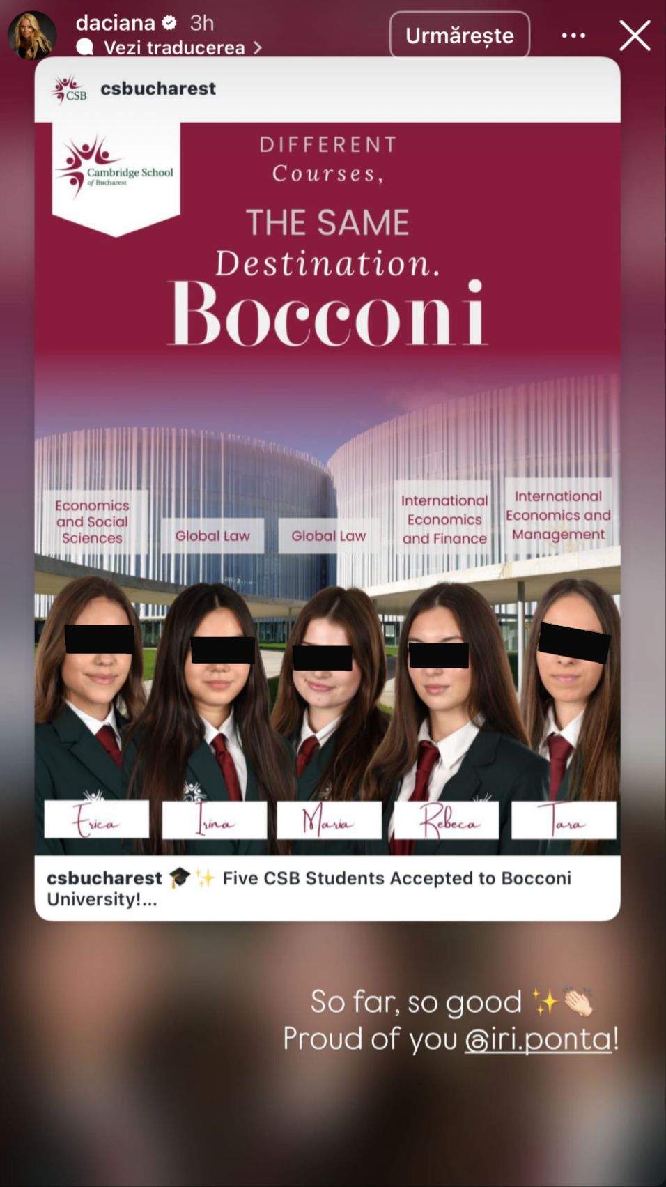 Fiica Dacianei Sârbu a intrat la un colegiu de prestigiu