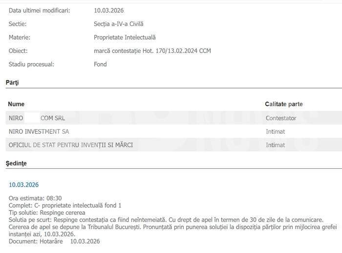 EXCLUSIV | Firma milionarului „Niro”, la tribunal, din cauza numelui | Judecătorii au decis