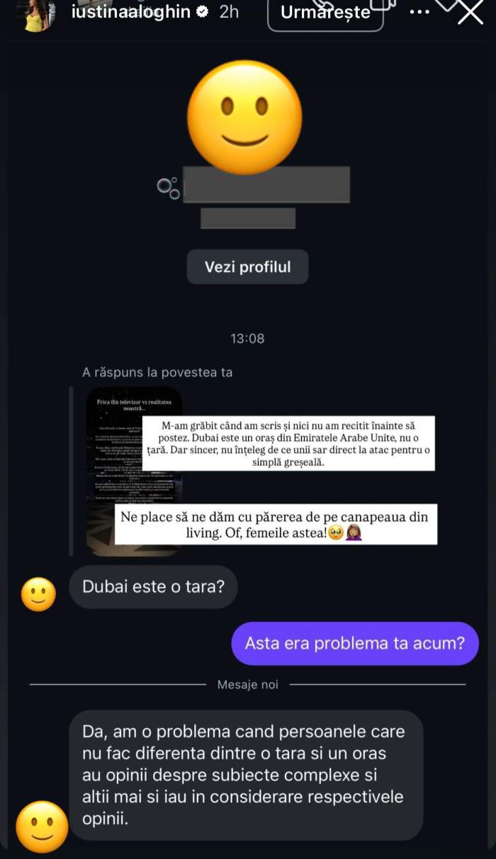 Conversația Iustinei cu o urmăritoare