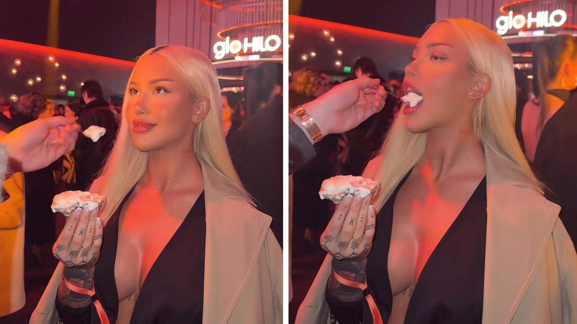 Colaj foto cu Delia Salchievici, căreia îi dă iubitul mâncare