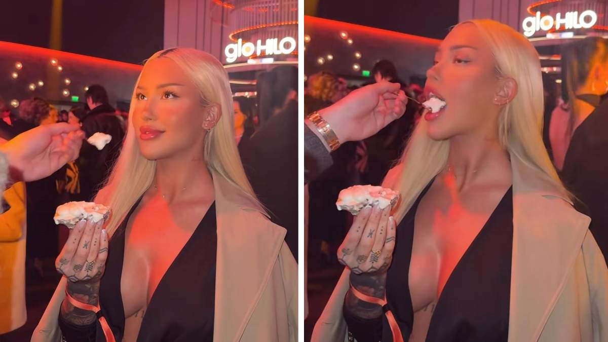 Colaj foto cu Delia Salchievici, căreia îi dă iubitul mâncare