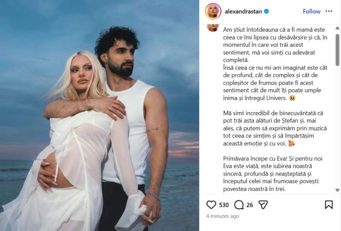Alexandra Stan a dezvăluit sexul bebelușului și numele. Artista va deveni mamă pentru prima dată