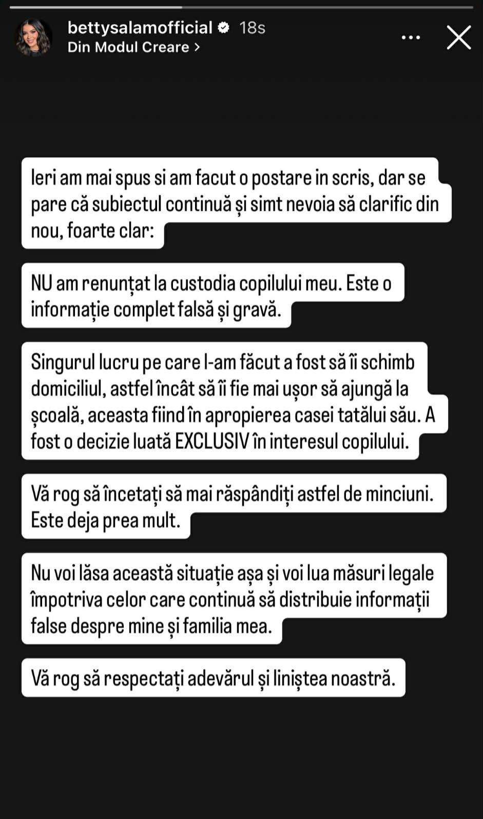 Mesajul scris de Betty Salam