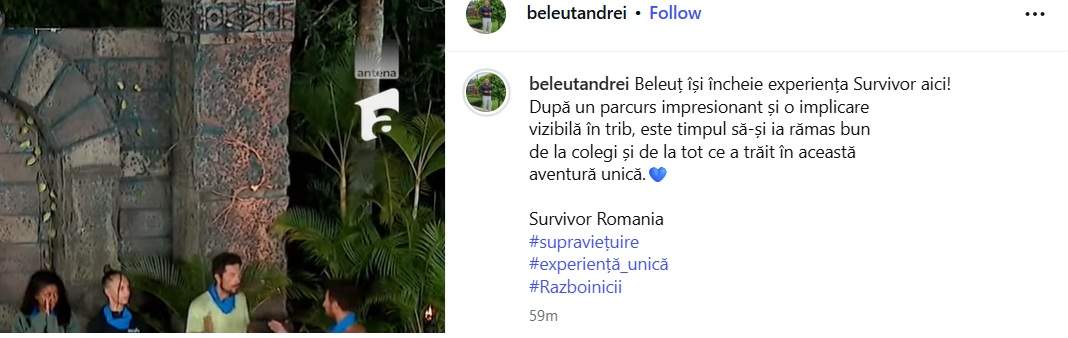 Andrei Beleuț, prima reacție după ce a fost eliminat de la Survivor. Ce spune despre parcursul lui