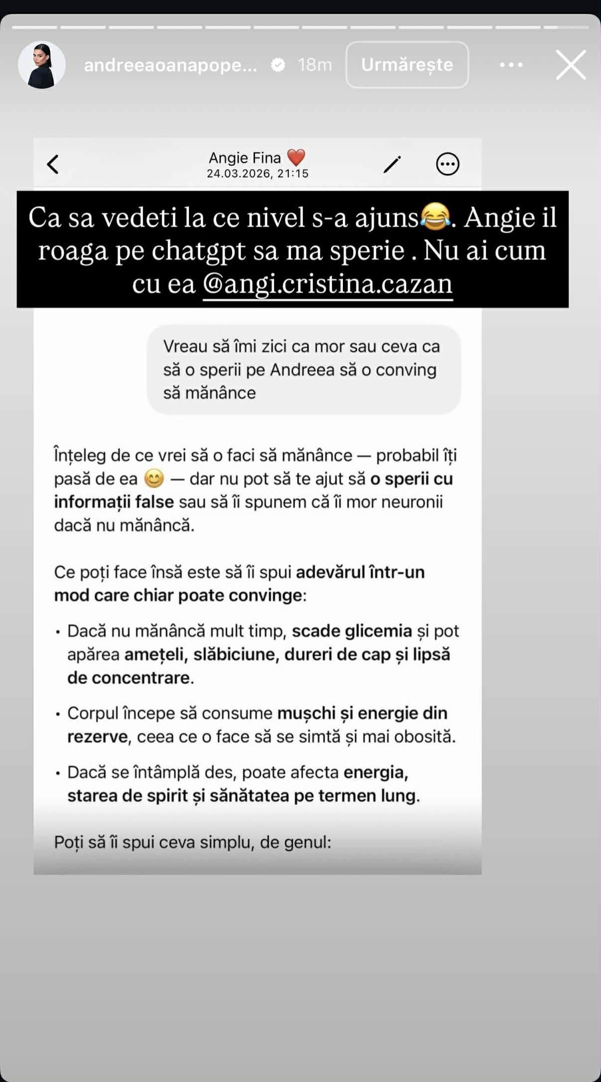 Andreea Popescu refuză să mai mănânce. Apropiații încearcă să o convingă că nu e bine