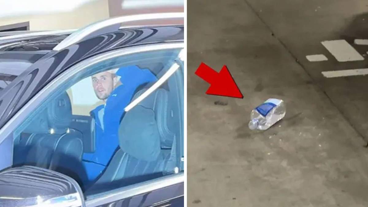 Colaj foto cu Justin Bieber în mașina și sticla de apă pe care a aruncat-o