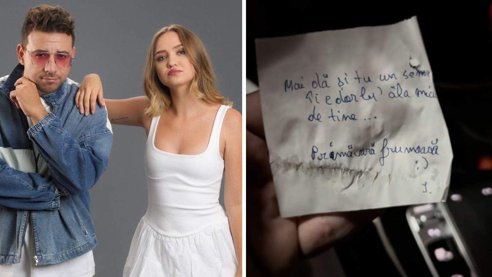 Colaj foto cu Andrei Niculae și Claudia Cârjan și bilețelul din parbrizul mașinii acestuia