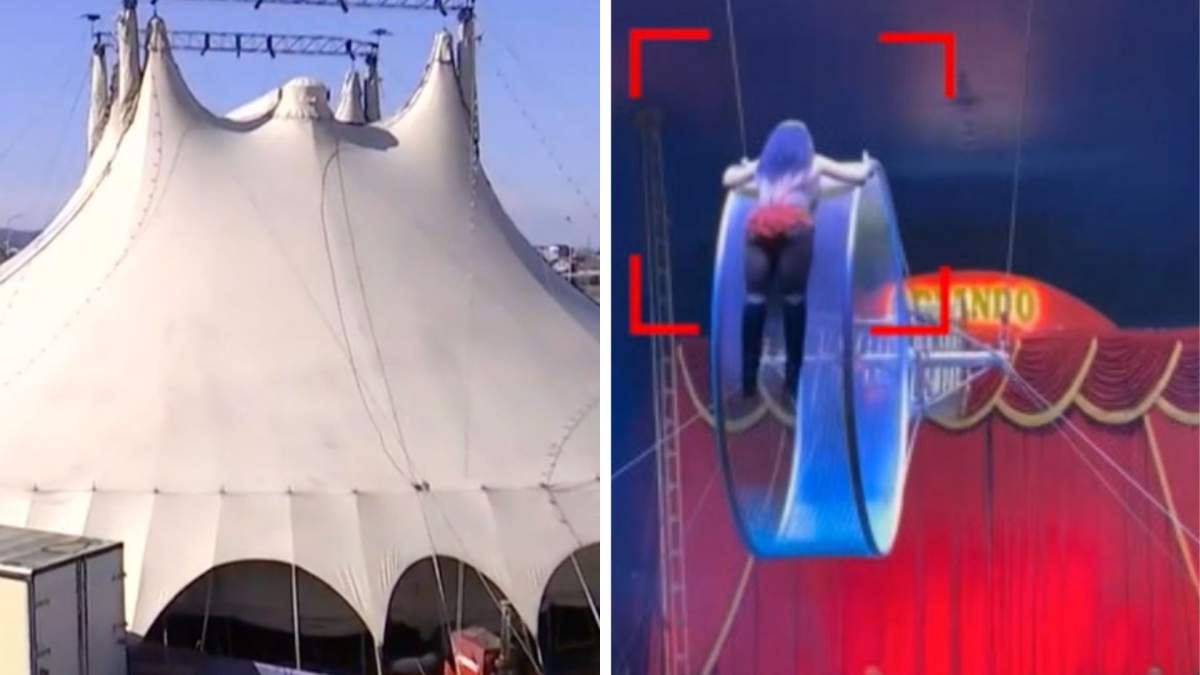 Colaj foto cu un circ și acrobata care s-a rănit