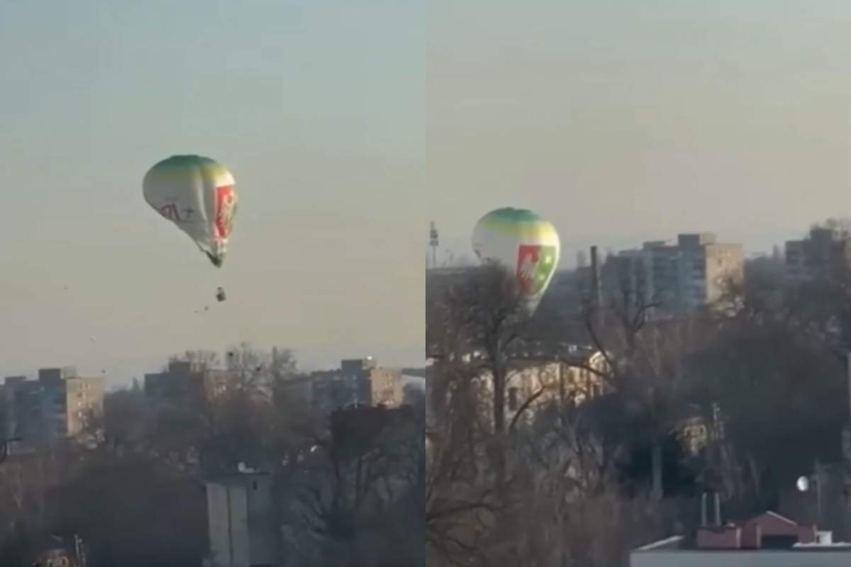 Momentul în care un balon cu aer cald lovește o clădire și apoi se prăbușește în centrul orașului. Totul a fost fost filmat 