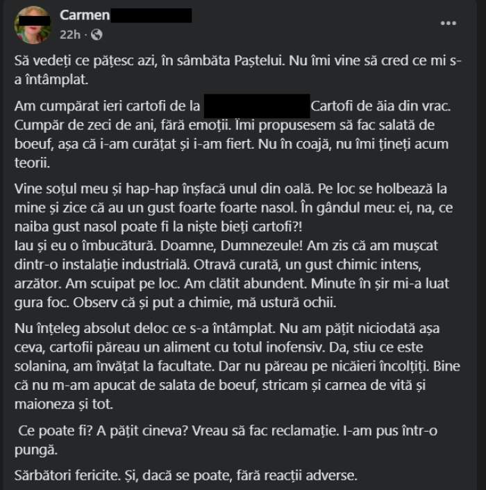 Ce a pățit o femeie, după ce a cumpărat cartofi dintr-un supermarket din România, în Sâmbăta Mare. Nu i-a venit să creadă