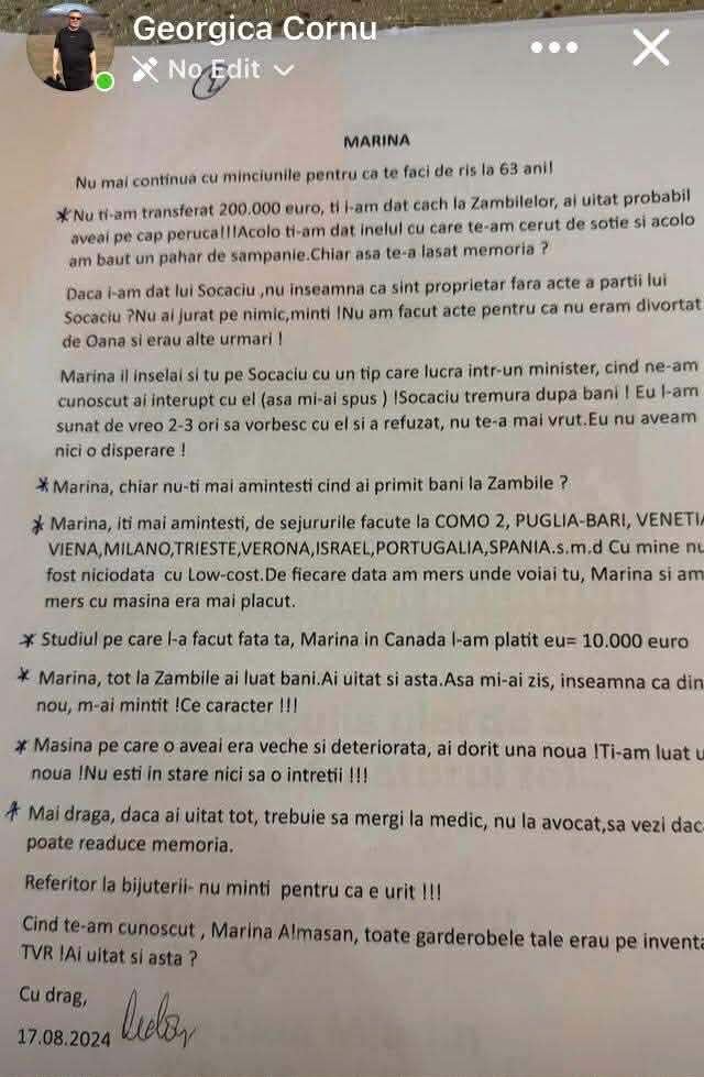 Georgică Cornu, noi dezvăluiri despre relația cu Marina Almășan. Câte ar fi făcut afaceristul pentru fosta iubită