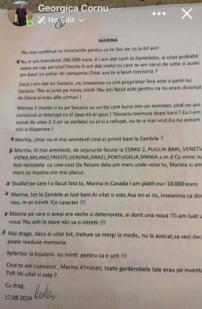 Georgică Cornu, noi dezvăluiri despre relația cu Marina Almășan. Câte ar fi făcut afaceristul pentru fosta iubită