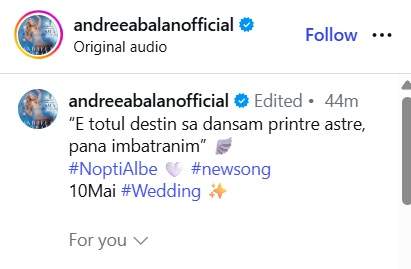 Cum sună piesa mirilor de la nunta Andreei Bălan cu Victor Cornea. Ce versuri emoționante are