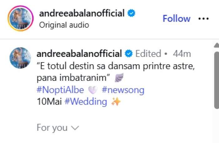 Cum sună piesa mirilor de la nunta Andreei Bălan cu Victor Cornea. Ce versuri emoționante are