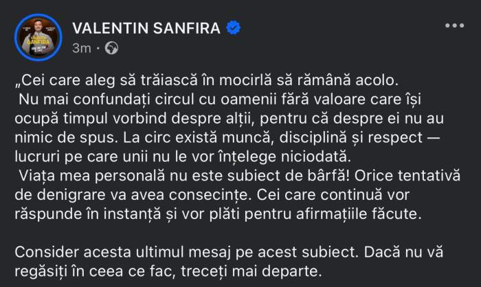 Valentin Sanfira, mesaj tranșant! Ce ultimatum le dă artistul celor care vorbesc despre viața lui personală