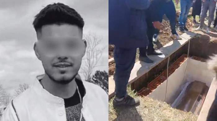 Colaj foto cu tânărul mort și înmormântarea lui