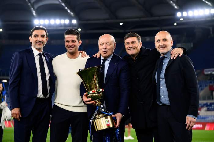 13 mai 2026, Roma, Italia: Dario Baccin, director sportiv adjunct, Cristian Chivu, antrenor principal, Giuseppe Marotta, președinte și director general, Javier Zanetti și Piero Ausilio, director sportiv al FC Internazionale