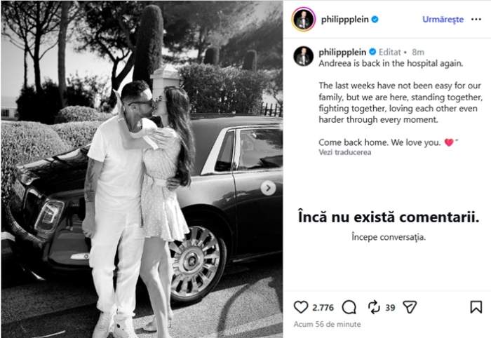 Andreea Sasu, de urgență, din nou la spital. Philipp Plein, mesaj disperat