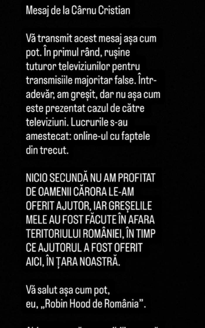 Mesajul lui Cristian Cârnu