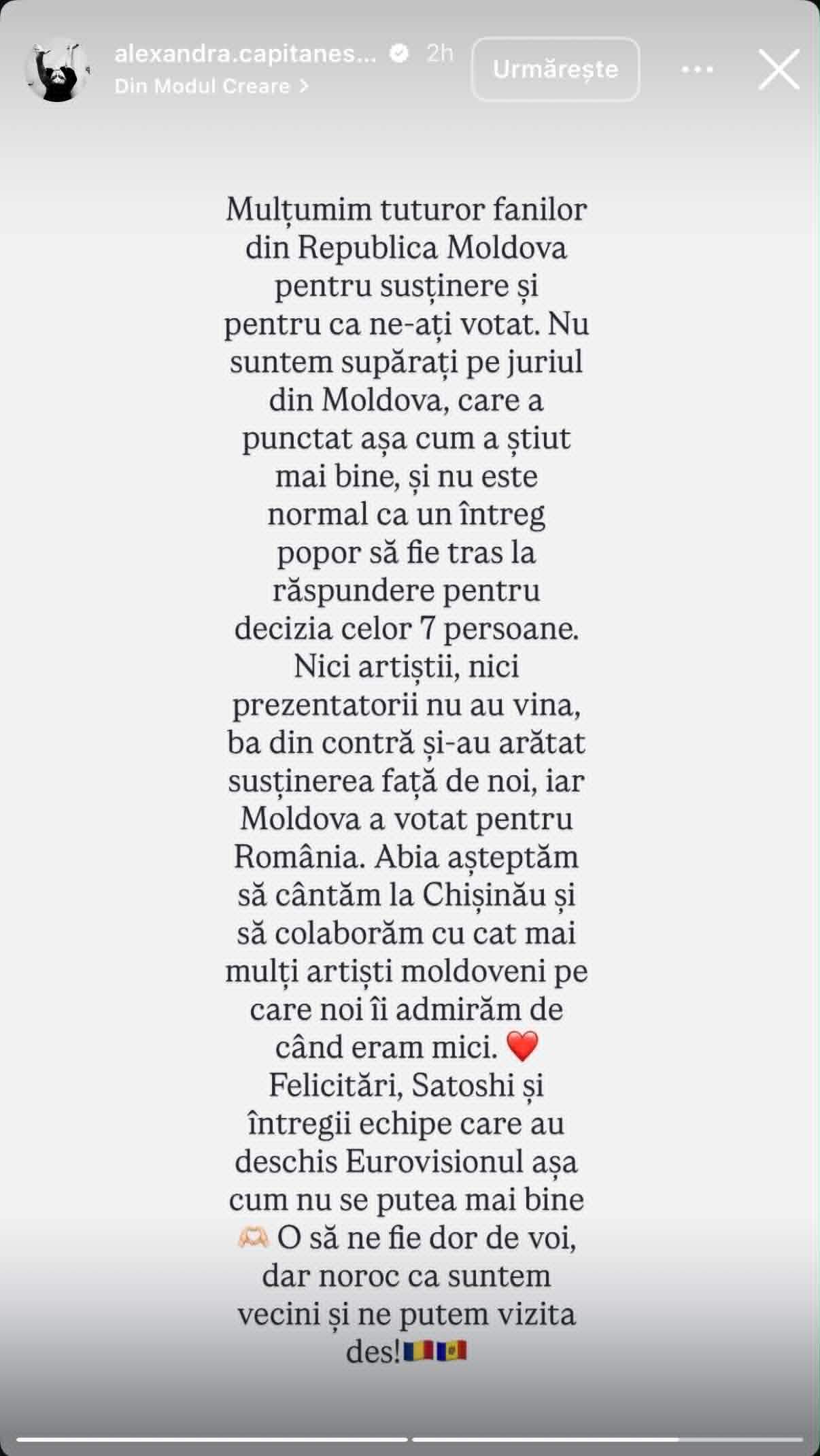 Alexandra Căpitănescu, prima reacție după ce Republica Moldova a oferit României doar 3 puncte la Eurovision. Ce a transmis artista