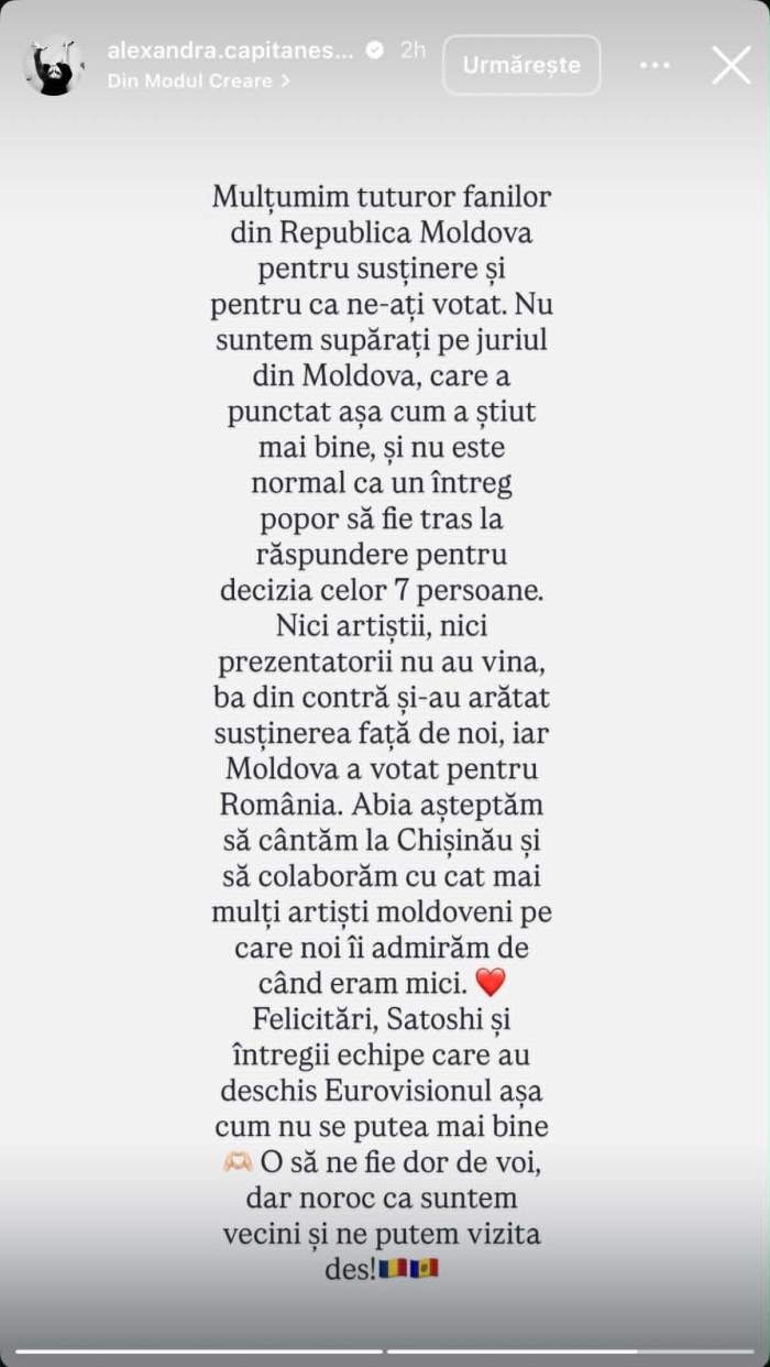 Alexandra Căpitănescu, prima reacție după ce Republica Moldova a oferit României doar 3 puncte la Eurovision. Ce a transmis artista