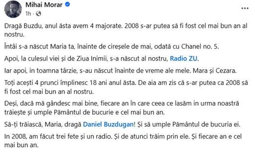 Mihai Morar, mesaj emoționant în ziua în care fiica lui Daniel Buzdugan a devenit majoră. Legătura specială dintre cei doi prezentatori