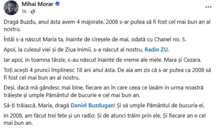 Mihai Morar, mesaj emoționant în ziua în care fiica lui Daniel Buzdugan a devenit majoră. Legătura specială dintre cei doi prezentatori