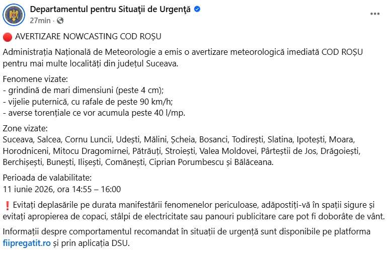 Alertă meteo imediată! A fost emis COD ROȘU. Ce zone sunt vizate
