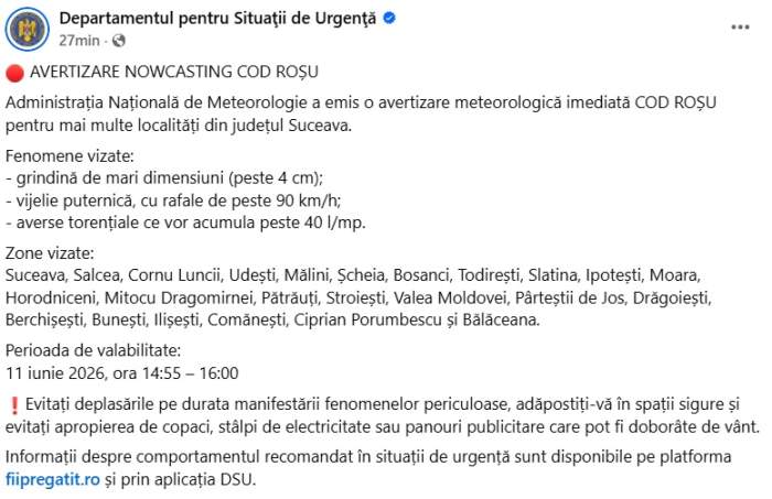 Alertă meteo imediată! A fost emis COD ROȘU. Ce zone sunt vizate