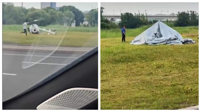 Imagini dramatice. Un elicopter s-a răsturnat după o aterizare de urgență. Pasagerii au fost zguduiți violent în cabină