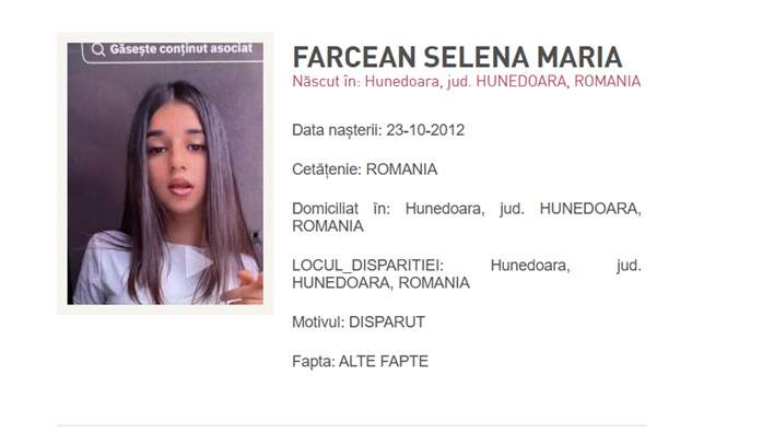 Dacă ai văzut-o pe fata din imagine, sună la 112! Farcean Selena Maria, din Hunedoara, are 13 ani și a fost dată dispărută