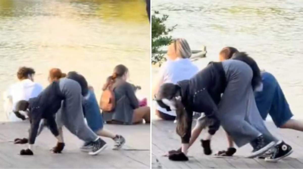 Colaj foto cu doi tineri care merg în patru labe
