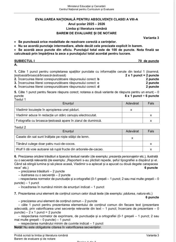 Evaluarea Națională 2026. Baremul la Limba și literatura română
