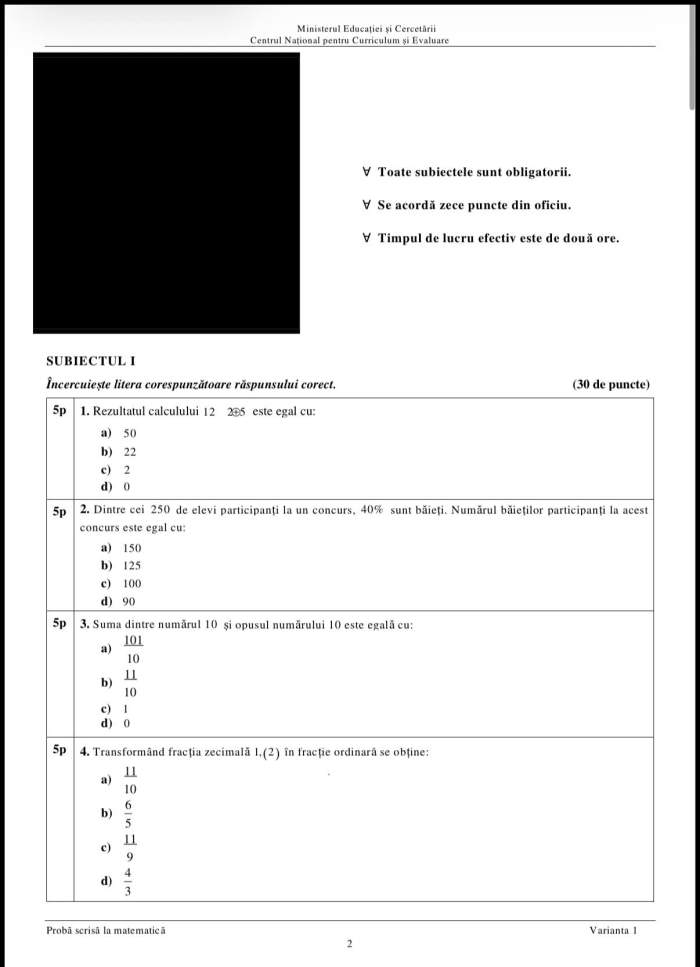 Subiecte Evaluare Națională la Matematică 2026. Ce a picat la examenul de capacitate din acest an