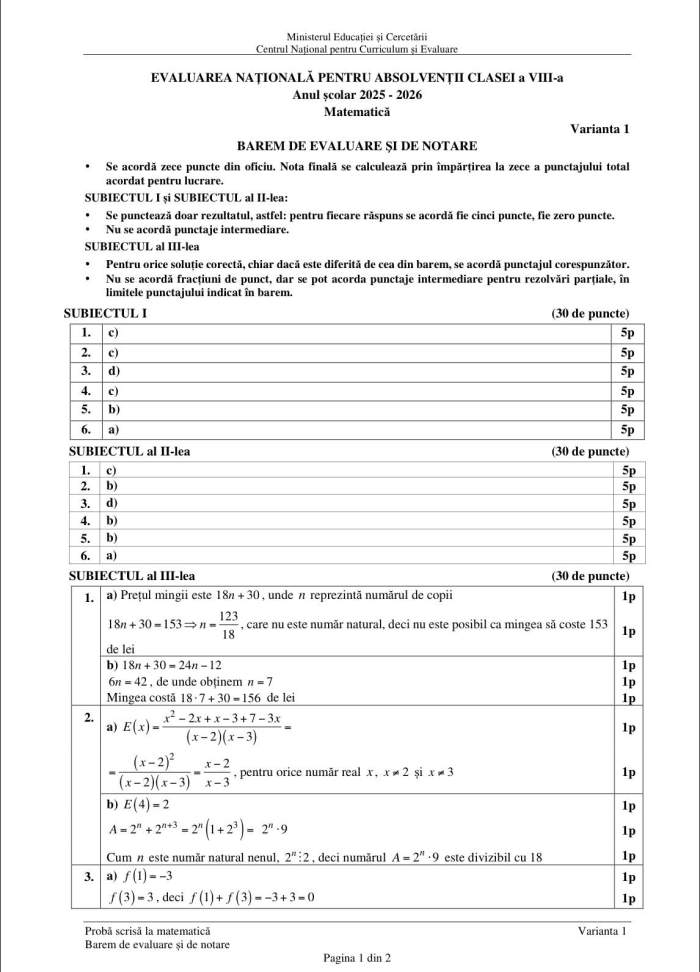 Barem Matematică Evaluare Naţională 2026. Cum se rezolvă subiectele primite de elevii de clasa a VIII-a