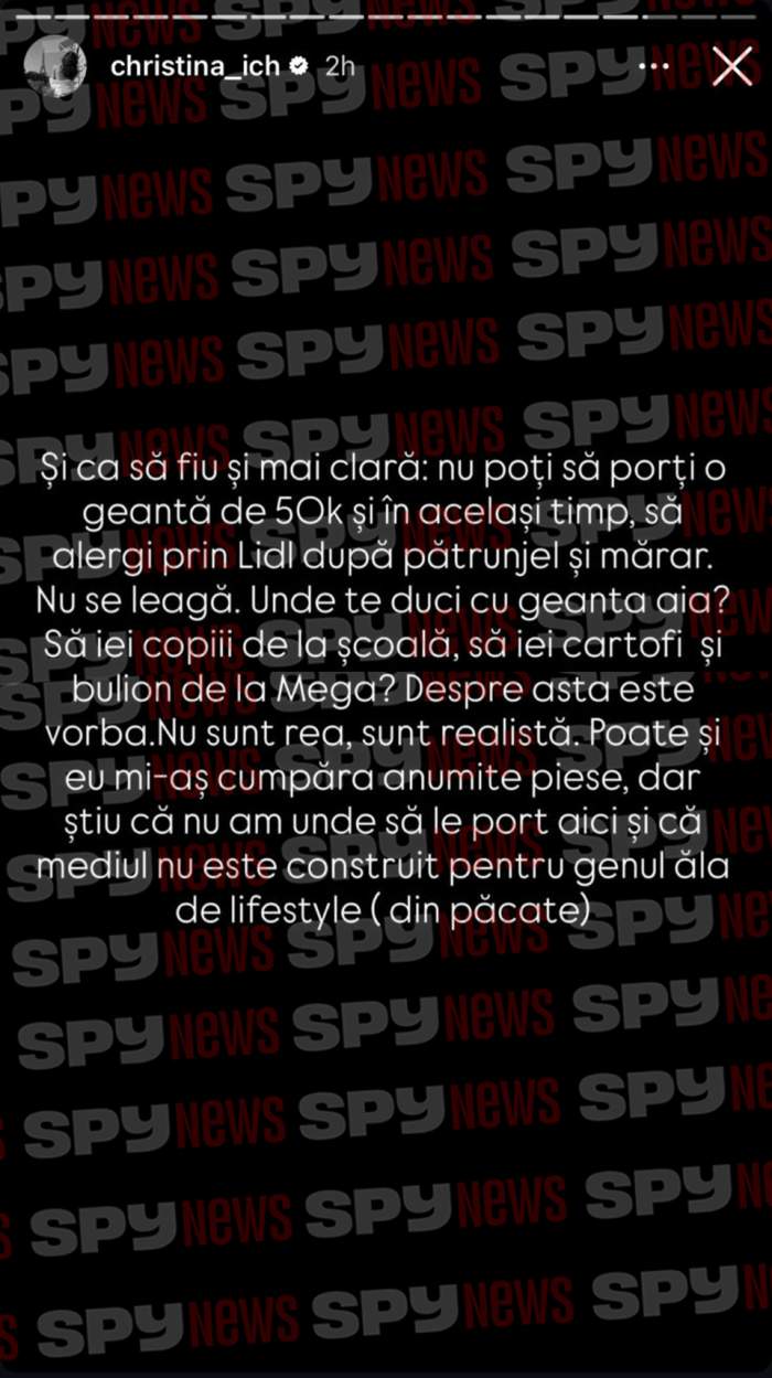 Cristina Ich, mesaj tranșant despre lux și aparențe: „Nu poți să porți o geantă de 50.000 de euro și să alergi prin Lidl după pătrunjel și mărar”