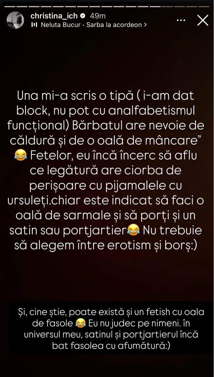 „Nu trebuie să alegem între erotism și borș!”. Christina Ich, dezlănțuită după criticile primite: „Bărbatul meu știe foarte bine numărul de la livrari”