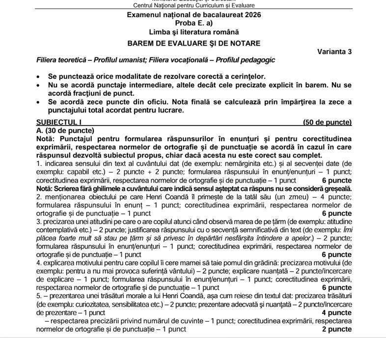 Bacalaureat 2026. Baremul de corectare la Limba și literatura română