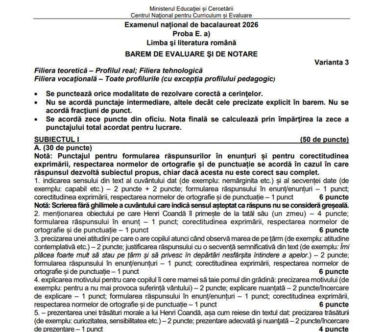 Bacalaureat 2026. Baremul de corectare la Limba și literatura română