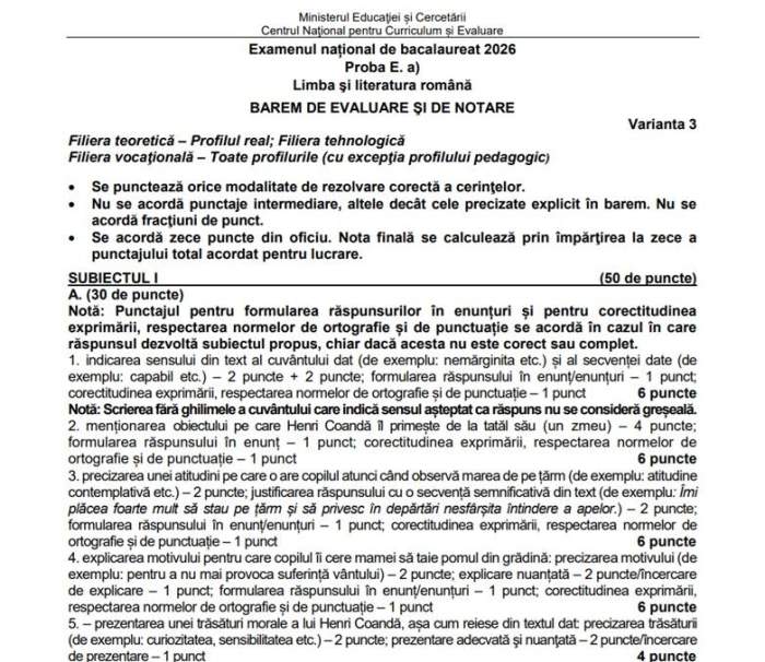 Bacalaureat 2026. Baremul de corectare la Limba și literatura română