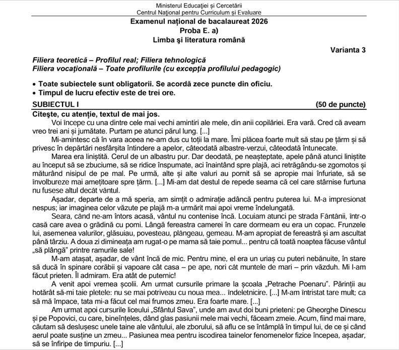 Bacalaureat 2026. Baremul de corectare la Limba și literatura română