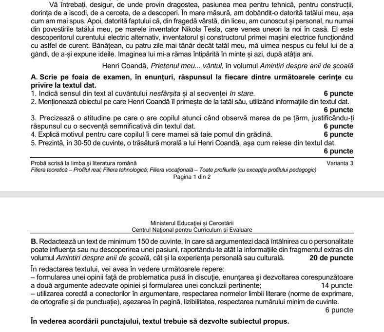 Bacalaureat 2026. Baremul de corectare la Limba și literatura română