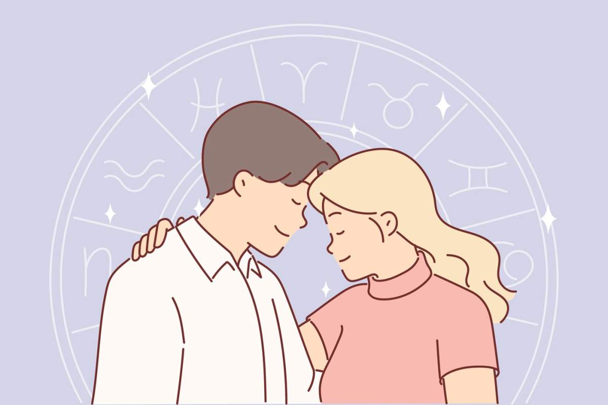Cuplu romantic și roata horoscopului simbolizând compatibilitatea deplină între bărbat și femeie și semnele zodiacale