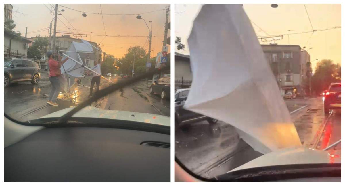 Mașină lovită de un cort, din cauza furtunii din București! Vijelia a făcut prăpăd