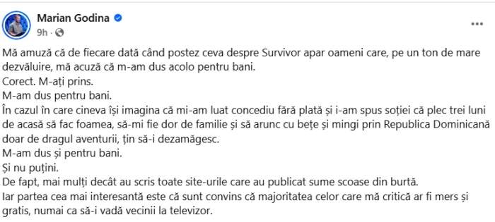 Marian Godină i-a pus la punct pe cei care îl acuză că a mers la Survivor pentru bani. Mesajul transmis de fostul concurent