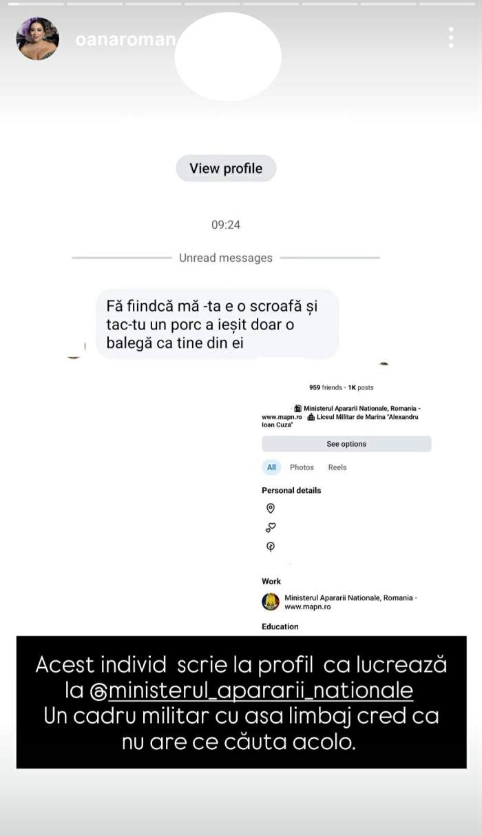 mesajul pe care l-a primit Oana Roman