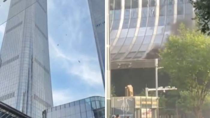 Colaj foto cu clădirea în care s-a prăbușit un avion