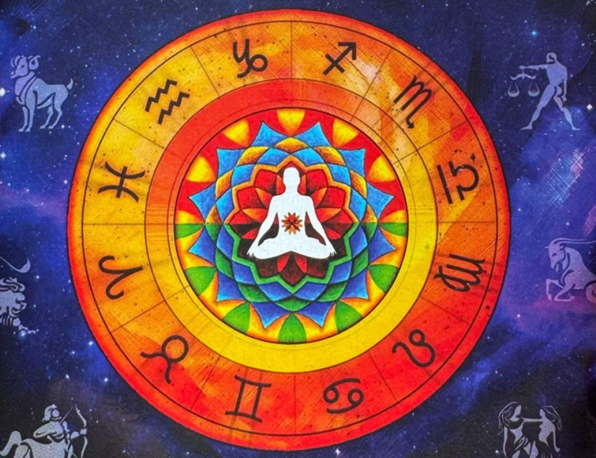 Jurnal horoscop tradițional cu o diagramă a roții zodiacale și o copertă cu o figură meditativă, concept de astrologie vedică și spiritualitate hindusă