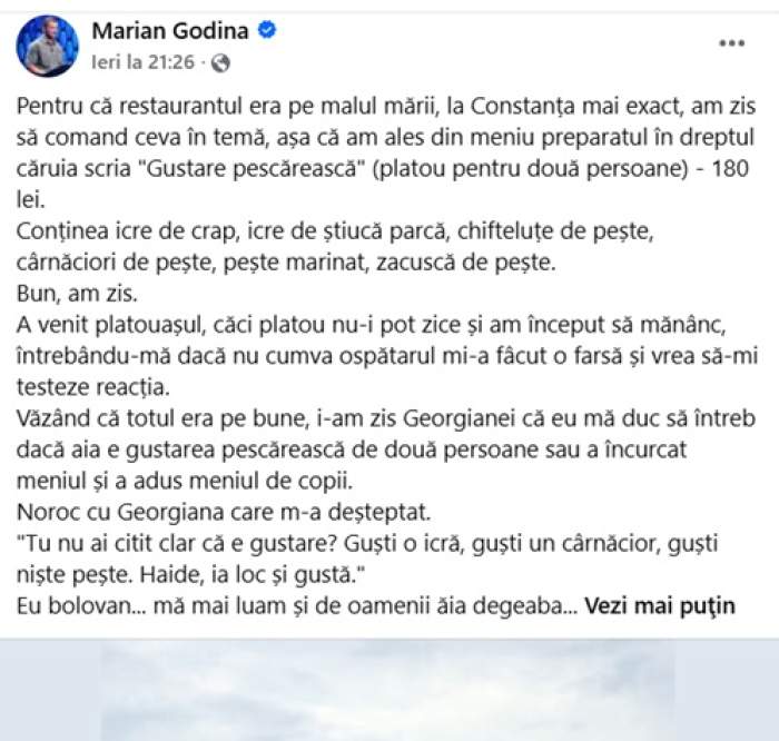 Prețurile de pe litoral l-au surprins pe Marian Godină. Cât a plătit fostul concurent de la Survivor pentru o gustare