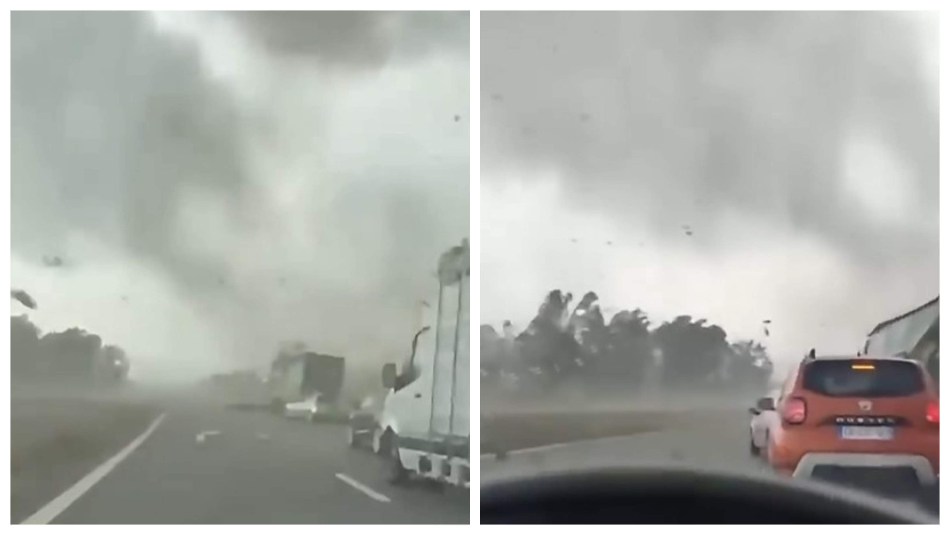 Tornada a făcut prăpăd. Camioane răsturnate pe autostradă, copaci smulși și acoperișuri distruse
